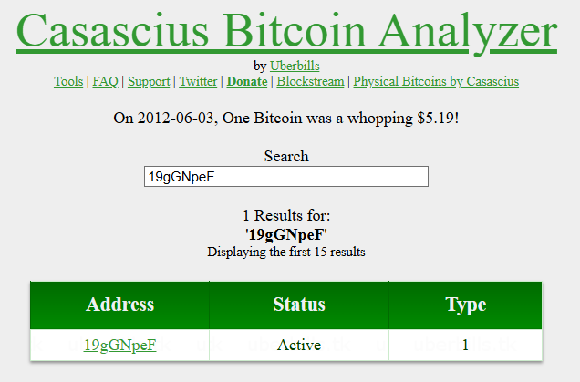 Casascius Bitcoin Analyzer Screenshot