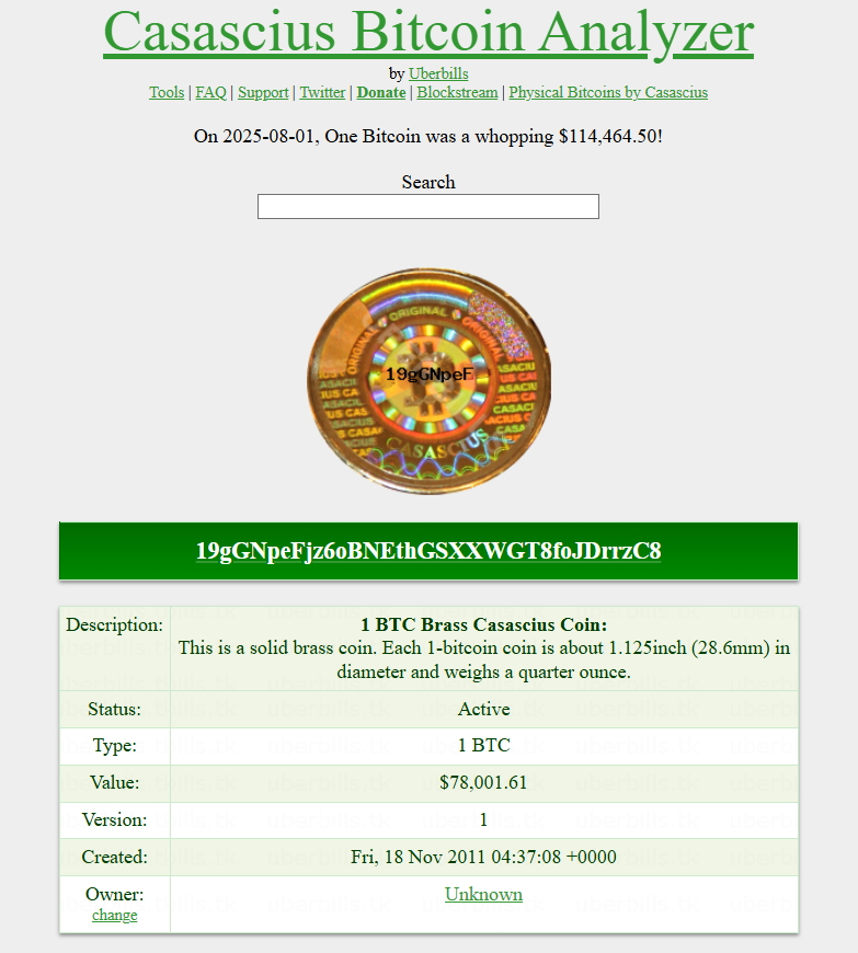 Casascius Bitcoin Analyzer Screenshot